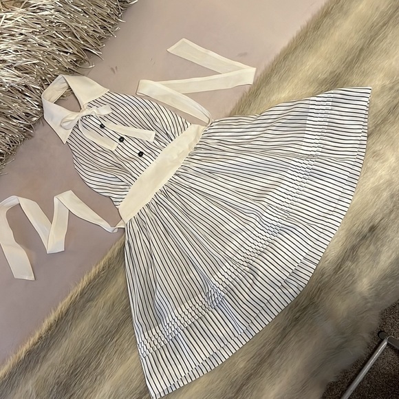 SEA NEW YORK White Gray Stripped 2 Dress Cotton Halter Bow Tie Collar Backless - Picture 15 of 17